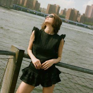 MAIA BERGMAN- Claudia Black Linen Coord Set w Ruffle Trims and Lace Insets